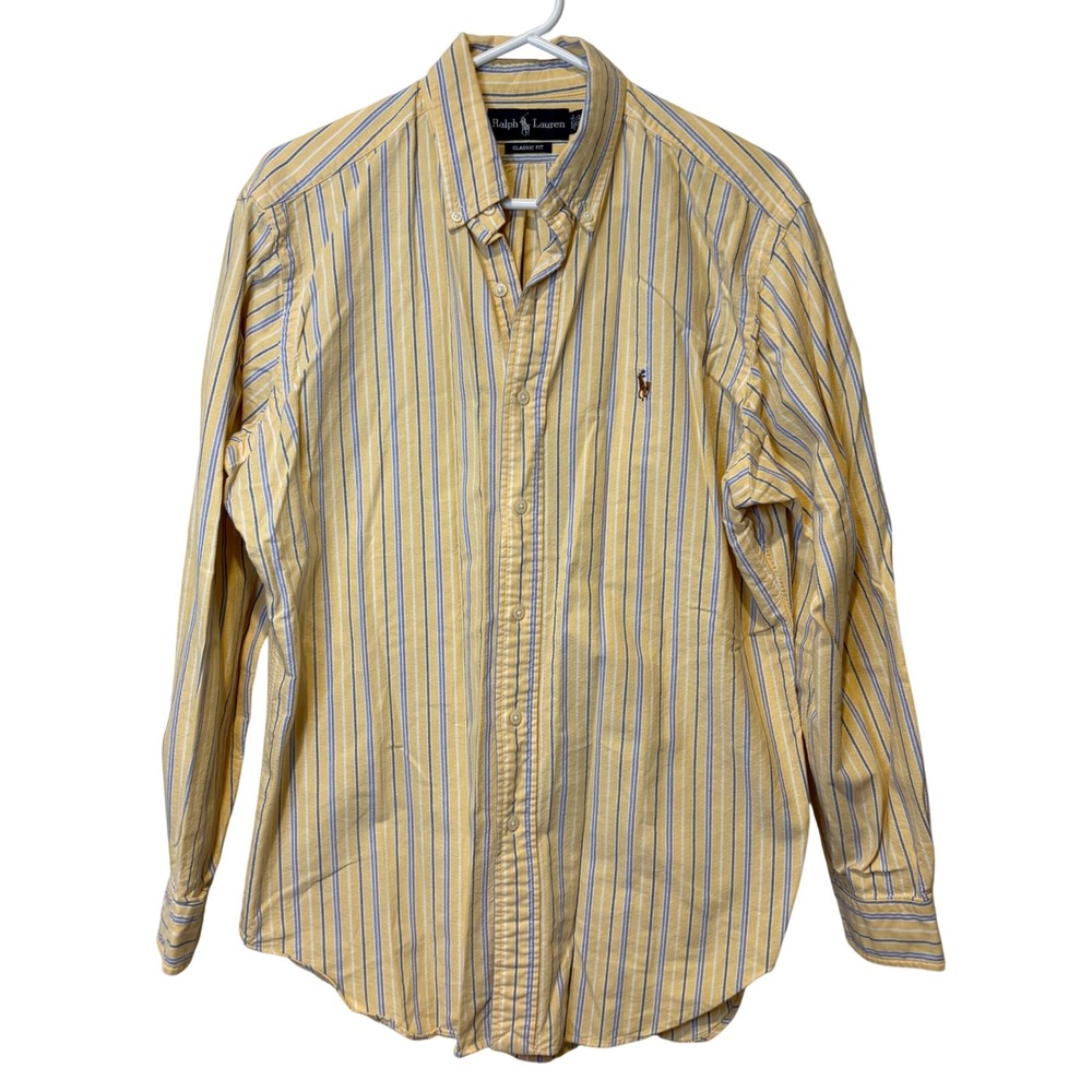 Ralph Lauren Classic Fit Yellow Blue Stripe Button Down Shirt Men Large
